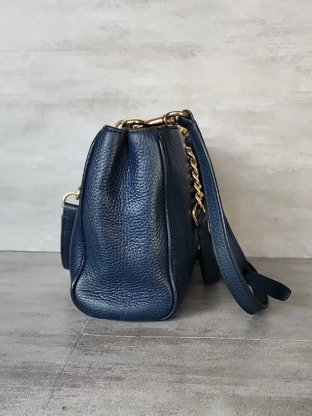 Tory Burch Small Carter Navy Pebbled Leather Crossbody Tote